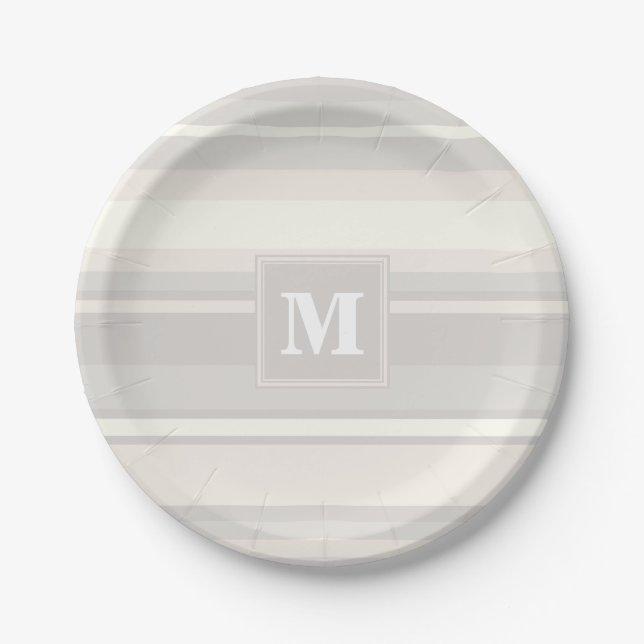 Monogram beige stripes paper plate (Front)