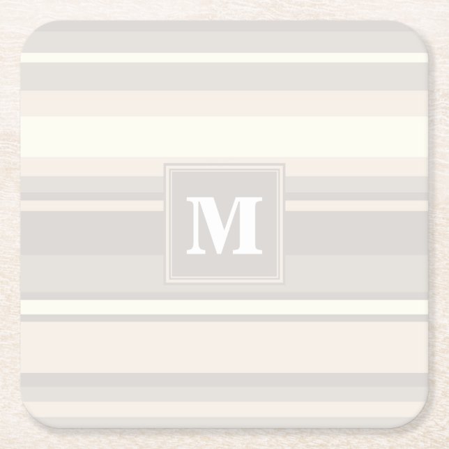 Monogram beige stripes square paper coaster (Front)