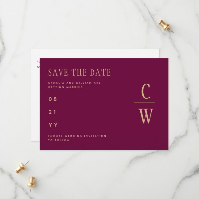 Monogram Berry Wine Gold Wedding Save the Date (Front/Back In Situ)