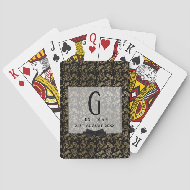 Monogram Best Man Groomsmen Black Gold Damask Playing Cards (Back)