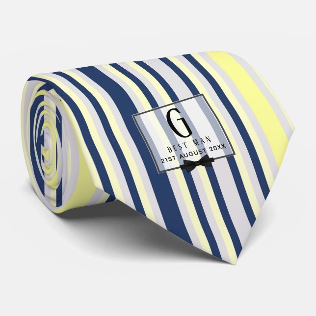 Monogram BEST MAN Groomsmen Groomsman Navy Yellow Tie (Rolled)
