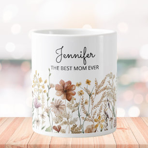 Monogram Best Mum Watercolor Wildflower Floral  Large Coffee Mug