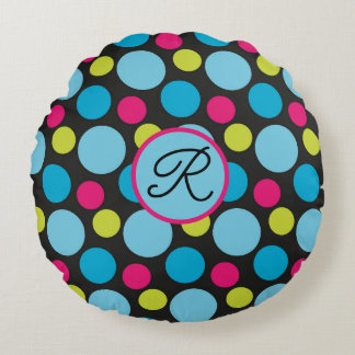 Monogram Big Dots Pattern Colourful, Hot Pink, Blu Round Cushion