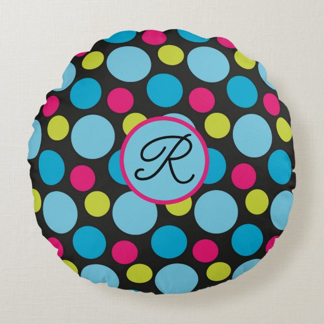 Monogram Big Dots Pattern Colourful, Hot Pink, Blu Round Cushion (Front)