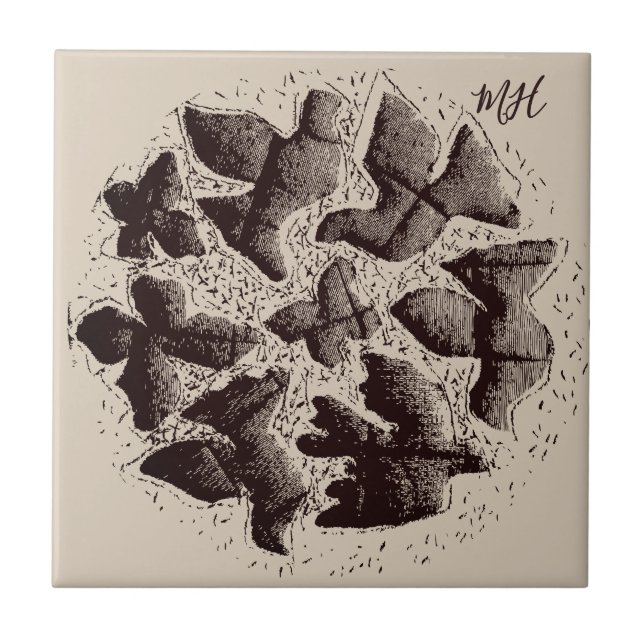 Monogram Bird Butterfly Scandinavian Retro Beige Ceramic Tile (Front)