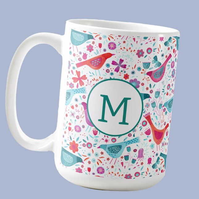 Monogram Bird Floral Watercolor Coffee Mug (Modern monogram initial personalized watercolor bird and flower pattern mug)