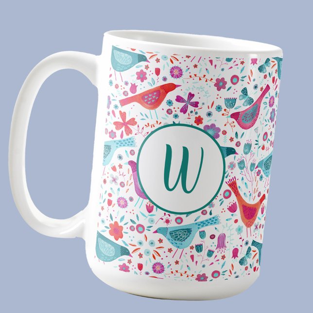 Monogram Bird Floral Watercolor Coffee Mug (Monogram initial modern watercolor bird and floral pattern mug)