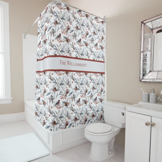 Monogram Bird White Grey Silver Branch Red Berries Shower Curtain (In Situ)
