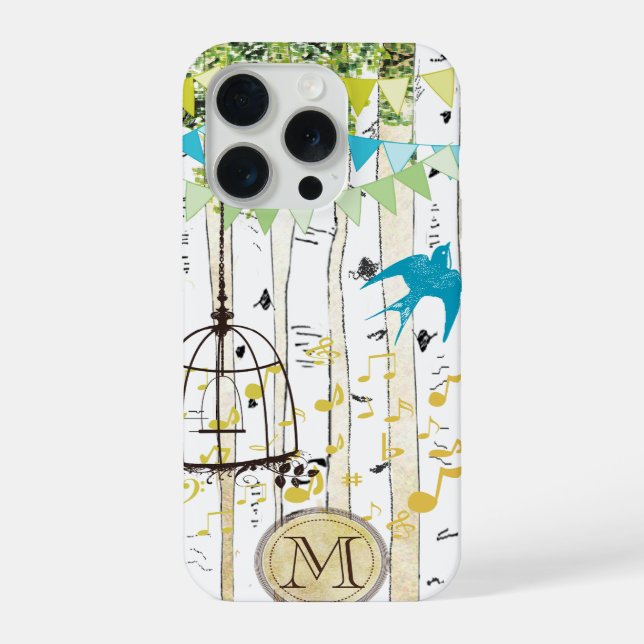 Monogram Birdcage Cute Bird Birch Tree iPhone Case (Back)