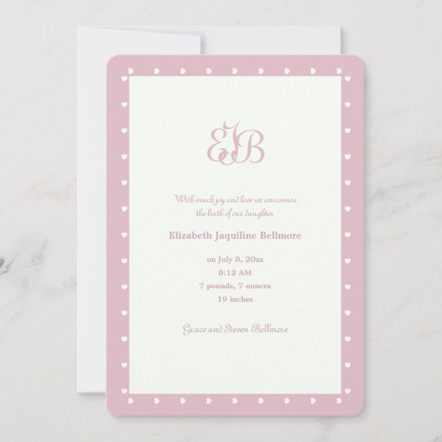 Monogram Birth Announcement Pink (Front)
