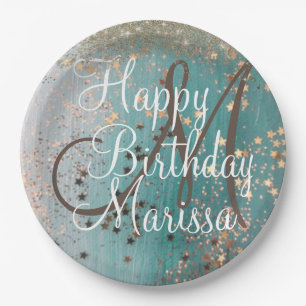 Monogram Birthday Gold Stars on Teal Paper Plate