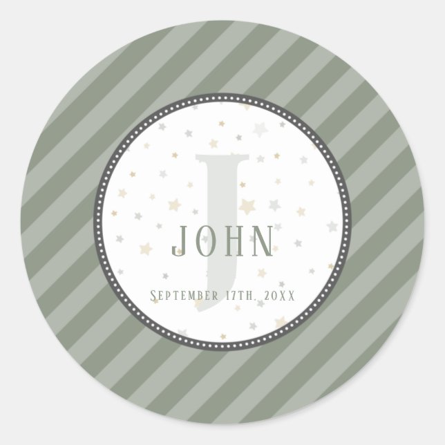 Monogram & Birthday Olive Green Classic Round Sticker (Front)