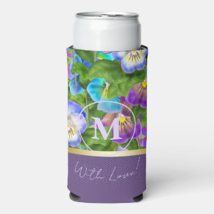 Monogram Birthday Pansy Violet Flowers Personalise Seltzer Can Cooler