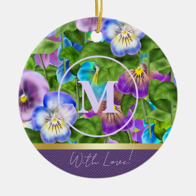 Monogram Birthday Pansy Violet Flowers Watercolor Ceramic Ornament (Front)