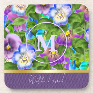 Monogram Birthday Pansy Violet Flowers Watercolor Coaster