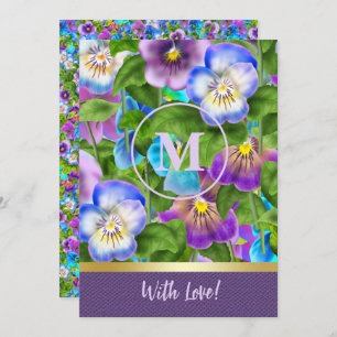 Monogram Birthday Pansy Violet Flowers Watercolor Invitation
