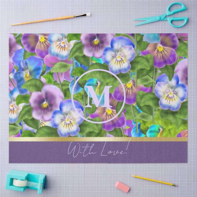 Monogram Birthday Pansy Violet Flowers Watercolor Tissue Paper (Craft)
