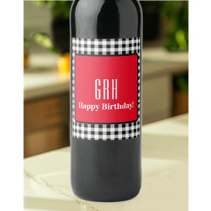 Monogram Birthday, Red Accent Buffalo Check (6) Wine Label