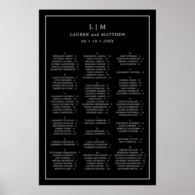 Monogram Black Alphabetical Wedding Seating Chart (Front)