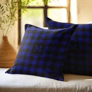 Monogram Black and Blue Buffalo Plaid Cushion