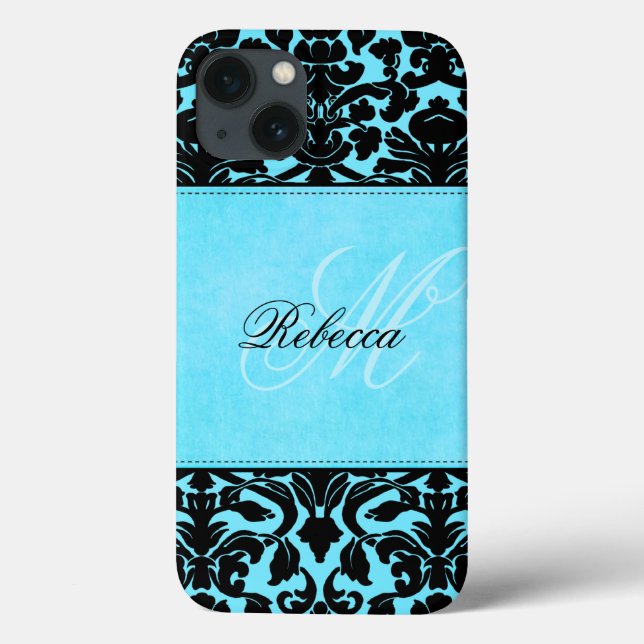 Monogram Black and Blue Damask iPad Air Case (Back)