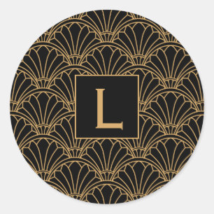 Monogram Black and Gold Art Deco Fan Flowers Motif Classic Round Sticker