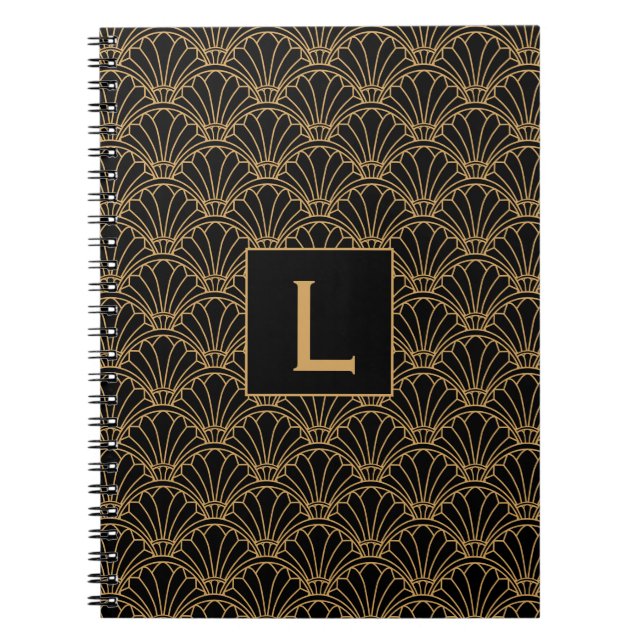 Monogram Black and Gold Art Deco Fan Flowers Motif Notebook (Front)