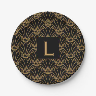 Monogram Black and Gold Art Deco Fan Flowers Motif Paper Plate