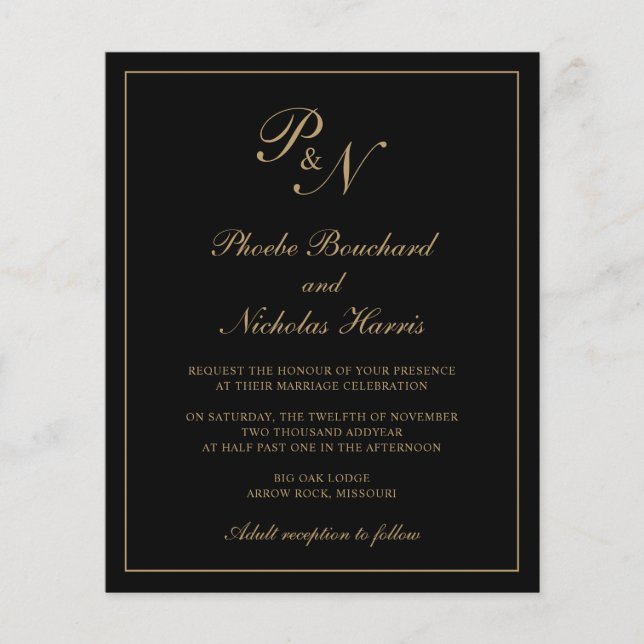 Monogram Black and Gold Budget Wedding Invitation (Front)