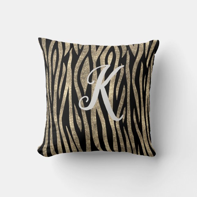 Monogram Black and Gold Glitter Zebra Print  Cushion (Front)