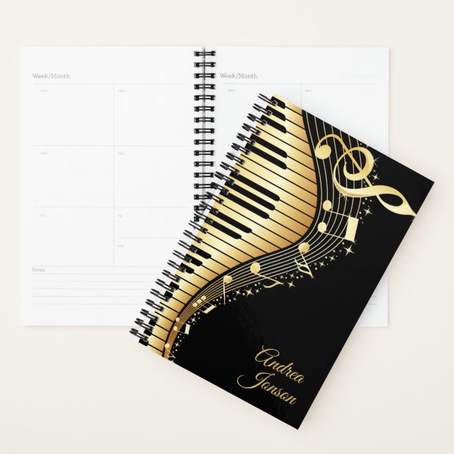 Monogram Black And Gold Music Notes Design Planner (Display)