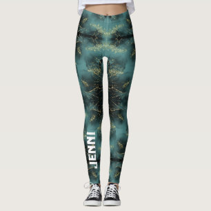 Monogram Black and Gold Pattern on Blue Leggings