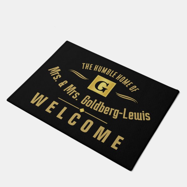 Monogram Black and Gold Welcome Doormat (Angled)
