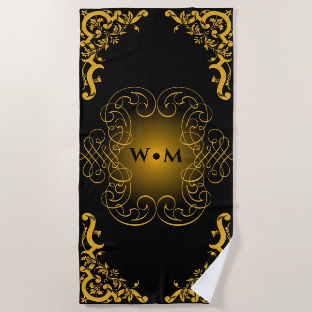 Monogram Black and Gold with decorative elements M Beach Towel (Front)