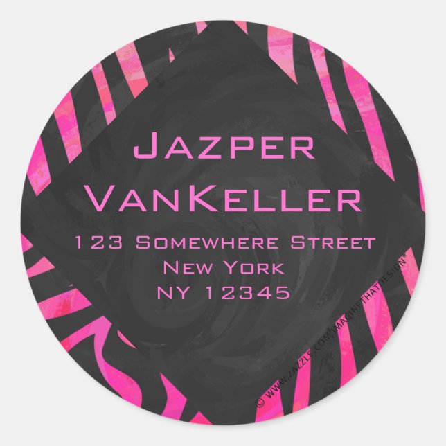 Monogram Black and Hot Pink Zebra Design Classic Round Sticker (Front)