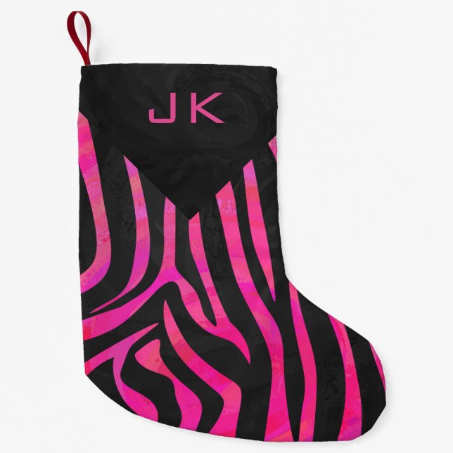 Monogram Black and Hot Pink Zebra Design Small Christmas Stocking (Front)