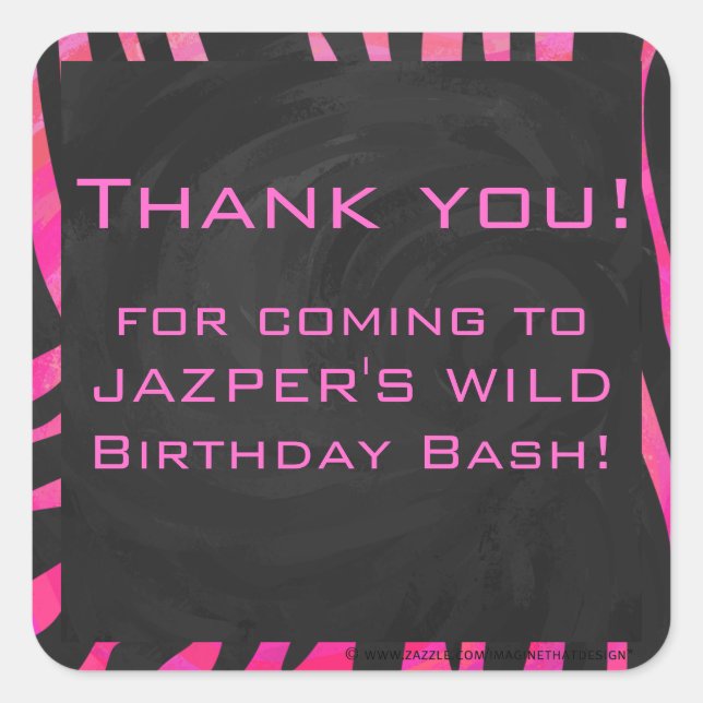 Monogram Black and Hot Pink Zebra Design Square Sticker (Front)