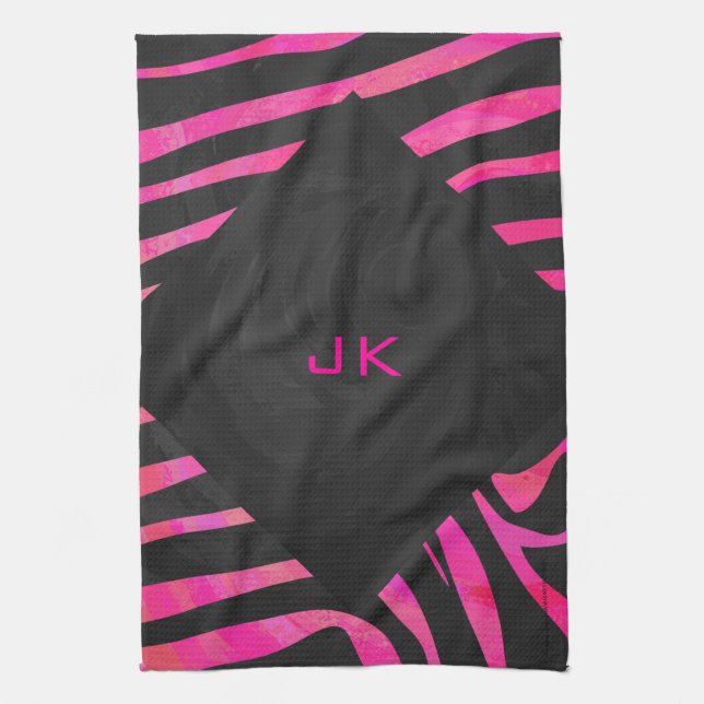 Monogram Black and Hot Pink Zebra Design Tea Towel (Vertical)
