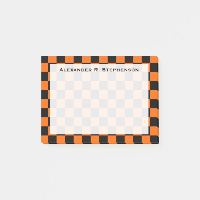 Monogram Black and Orange Chequerboard Post-it Notes (Front)
