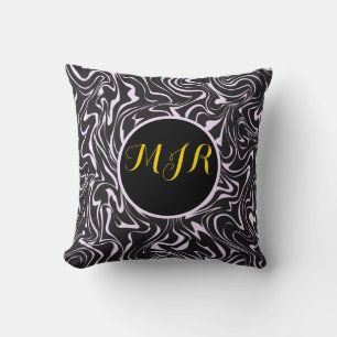 Monogram Black and Pink Marble Abstract Pattern Cushion