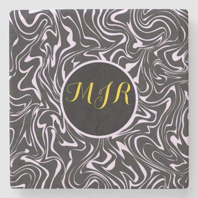Monogram Black and Pink Marble Abstract Pattern  Stone Coaster (Front)