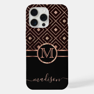 Monogram Black and Rose Gold Diamond Pattern iPhone 15 Pro Max Case