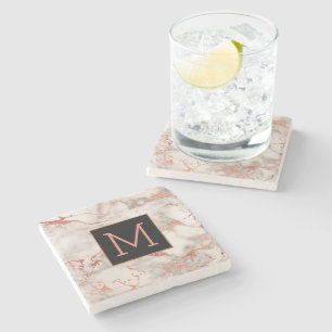 monogram black and rose gold marble stone coaster