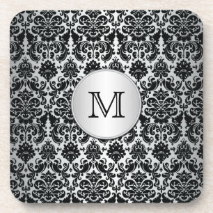 Monogram Black and Silver Damask Coaster Set (6)
