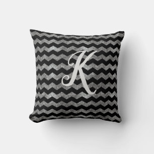 Monogram Black and Silver Glitter Chevron   Cushion