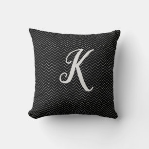 Monogram Black and Silver Glitter Chevron Cushion