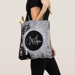 Monogram Black and Silver Glitter Coins Tote Bag