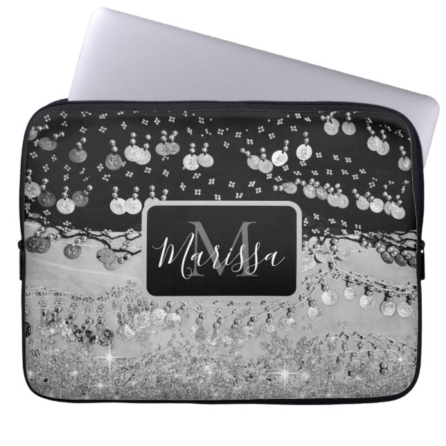 Monogram Black and Silver Gypsy Coin      Laptop Sleeve (Front)