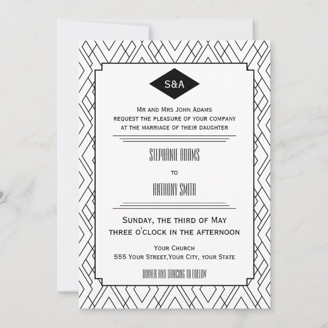 Monogram Black and White Art Deco Wedding Invitation (Front)