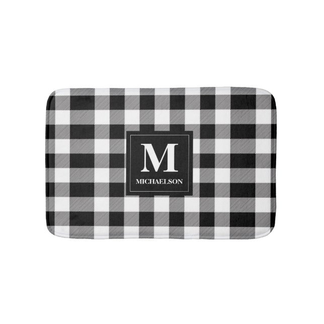 Monogram Black and White Buffalo Plaid Bath Mat (Front)